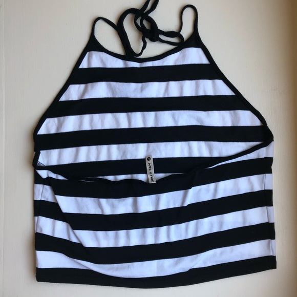 LF Black & White Striped Crop Top Halter - Picture 2 of 3